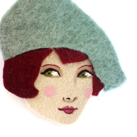 Girl with a beret brooch felt - Amelie, mint, crimson, Autumn,