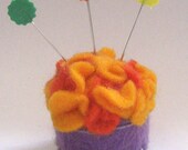 Orange Flowers in Purple Flower Pot Pin Cushion