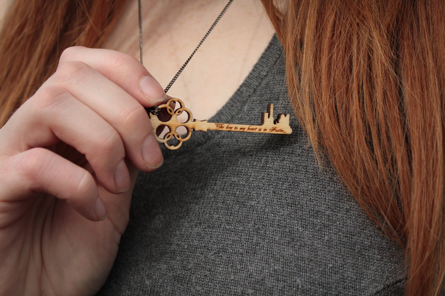 Wooden Key & Austin Skyline Necklace