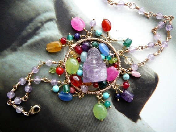 Laughing Buddha bracelet - brass, carved amethyst and multi gemstones