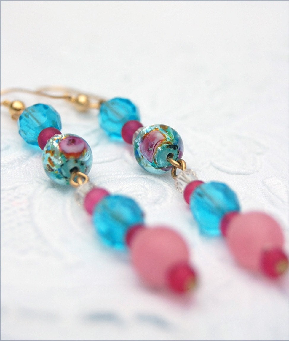 Eliza Earrings, Lampwork and Crystal Dangles