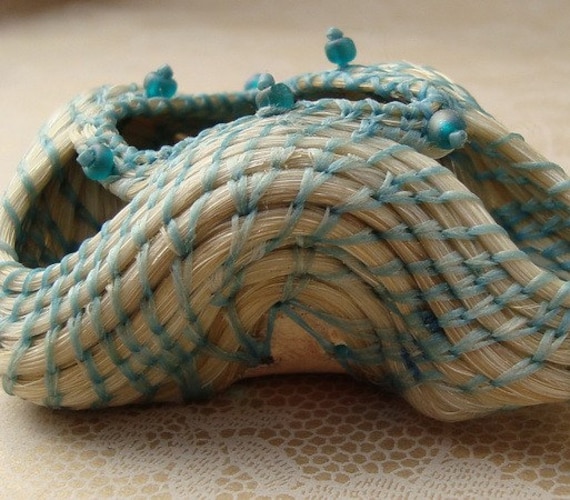Blue Eyed Wave Horsehair Basket Coiled with White Blond Horse Hair Art Sculpture