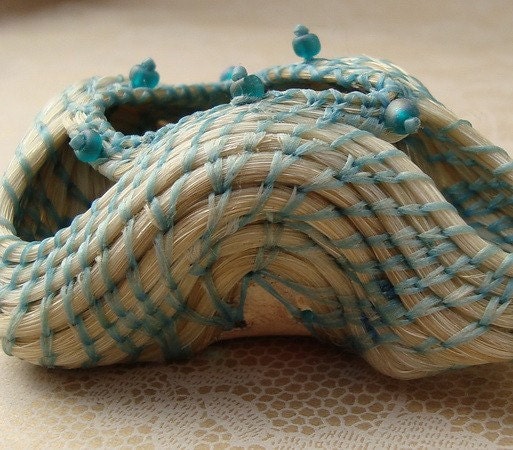 Blue Eyed Wave Horsehair Basket Coiled with White Blond Horse Hair Art Sculpture