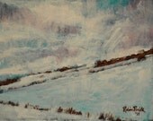 Original Abstract Landscape Painting: 8 x 10 inch Rustic Winter Art on Masonite by Robin Pocisk