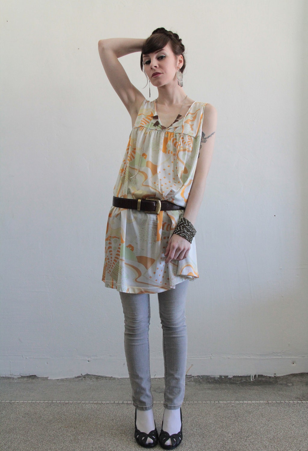 Vintage Mod Print House Dress . Day Dress . Nylon Lingerie . Layers