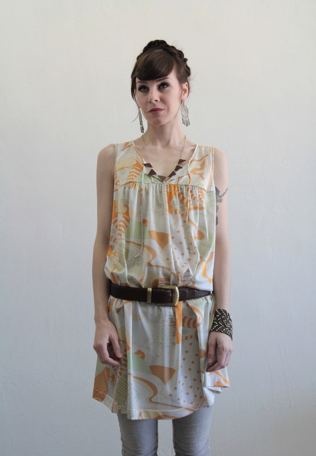 Vintage Mod Print House Dress . Day Dress . Nylon Lingerie . Layers