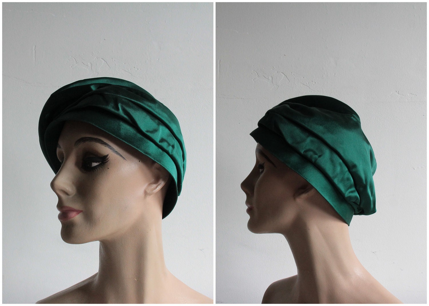Vintage Flop Cloche .  Kelly Green Satin . Mod . Asymmetrical . High Fashion . 1960s