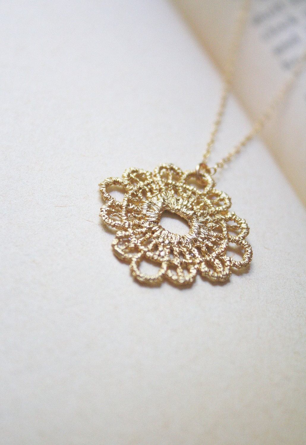 Golden Doily Charm Necklace, Filigree, Dainty, Feminine, Gold Filled- Evangeline