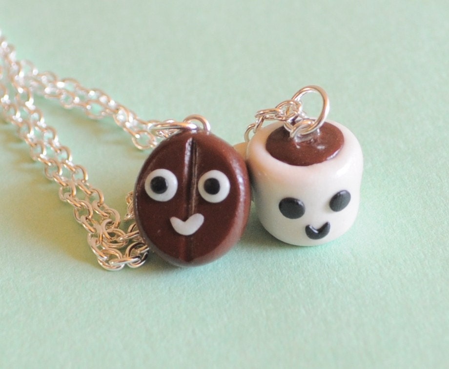 Coffee Best  Friends Necklace Set Coffee Bean and Coffee Mug Clay Miniatures