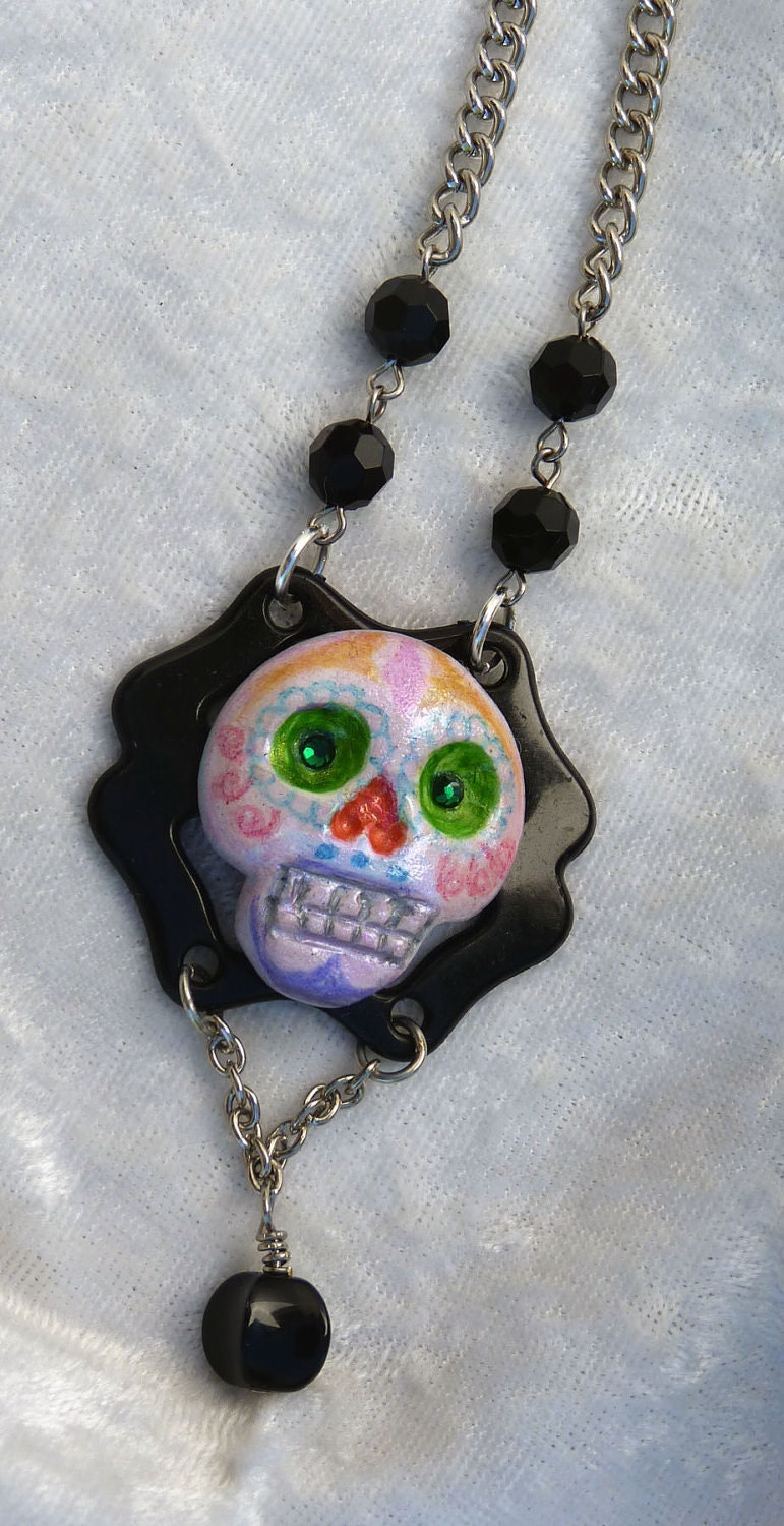 Sugar Skull Necklace Rosary Style Black White Silver Rhinestones Day of the Dead