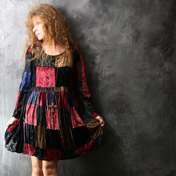 Vintage 1980s Witchy Gypsy Hippie Patchwork Velvet Baby Doll Dress One Size