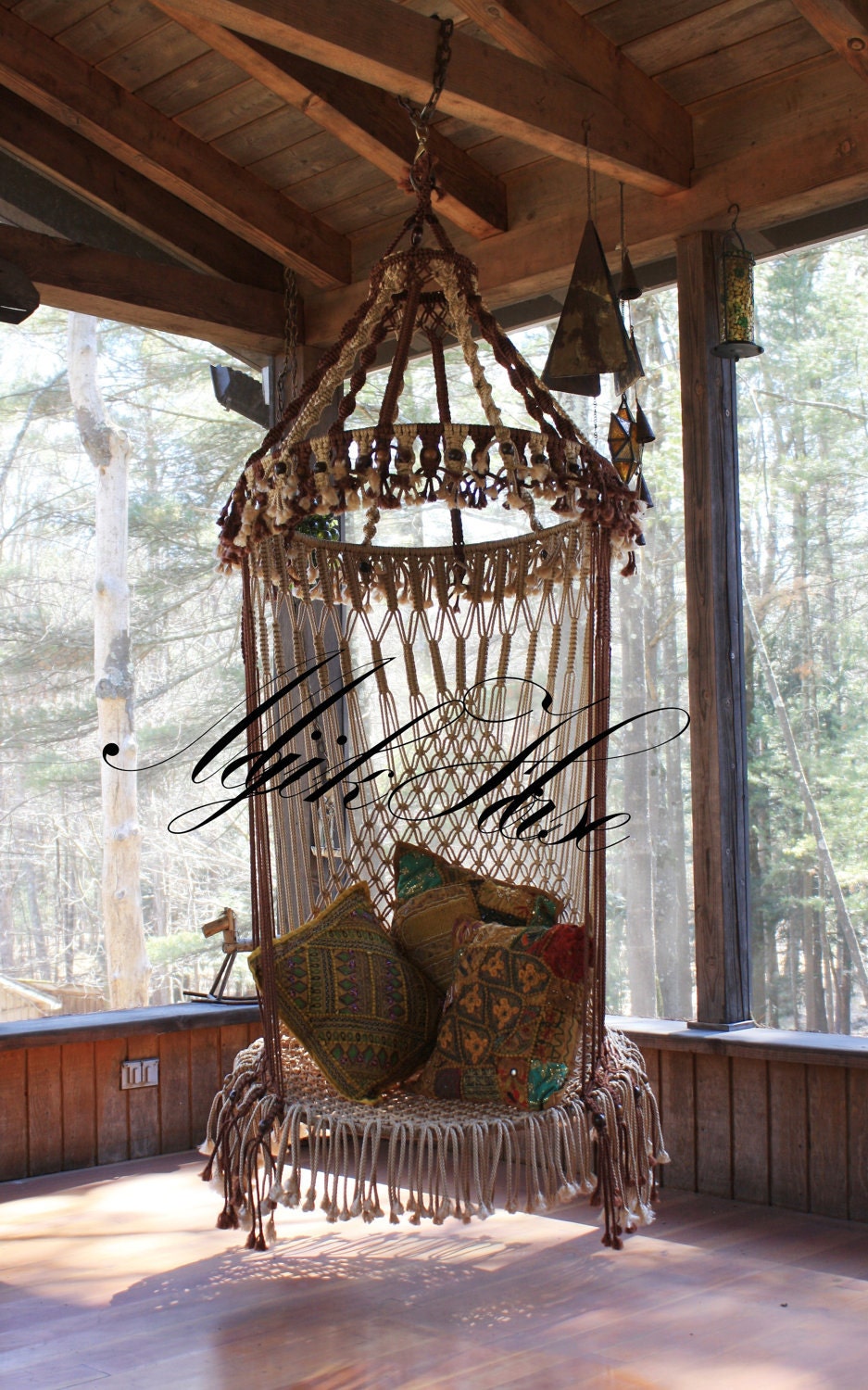 Handmade OOAK Macrame Vintage Retro Style Hanging Woodstock Hippie Elf Fairy Chair Ready to Ship To be featured on HGTV Junk Gypsy series