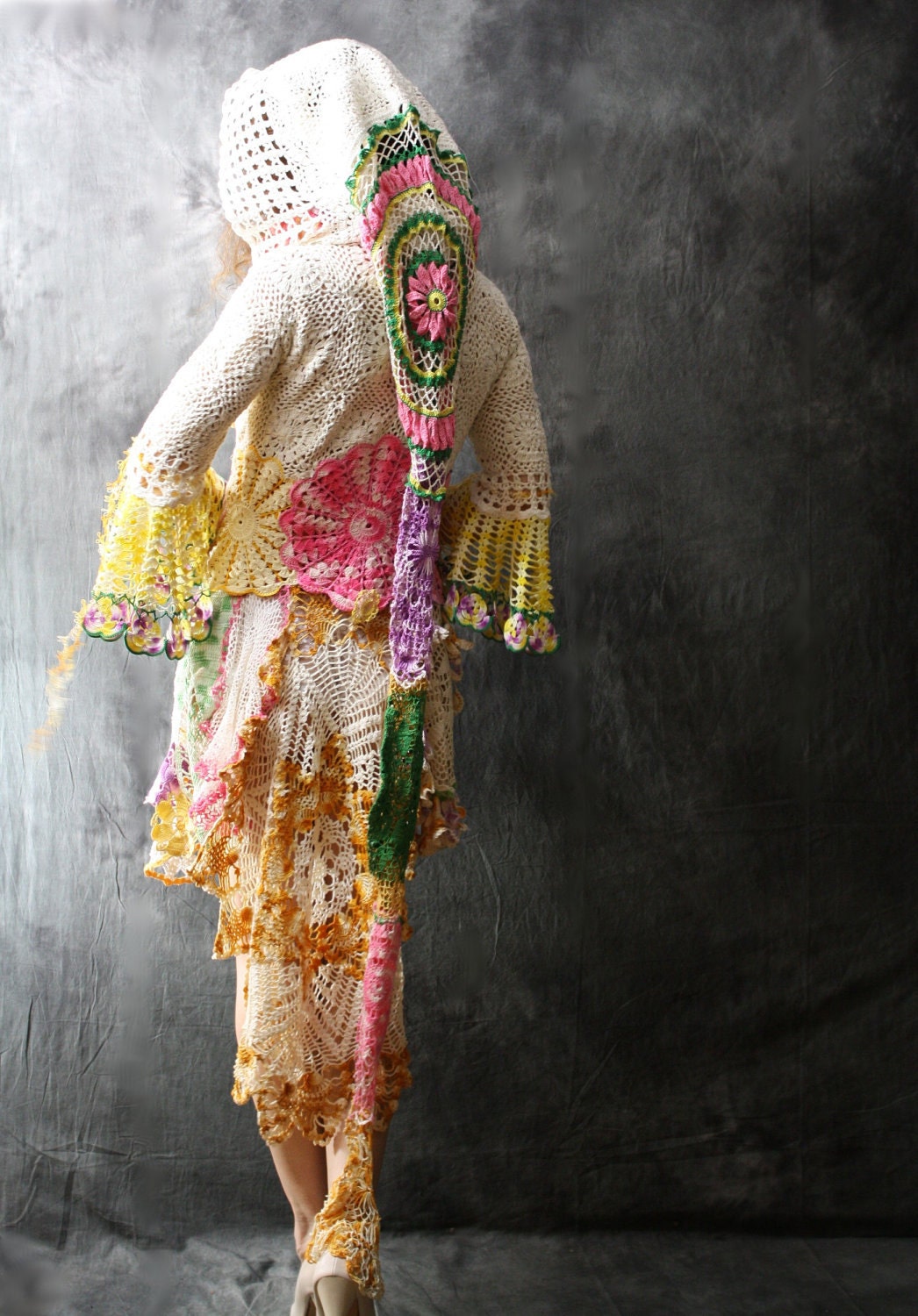 Reserved for Nadia Crochet Flower Fairy Fantasy Sweater Dress Hoodie Jacket Tuxedo Style Reconstructed Handmade Vintage Doilies