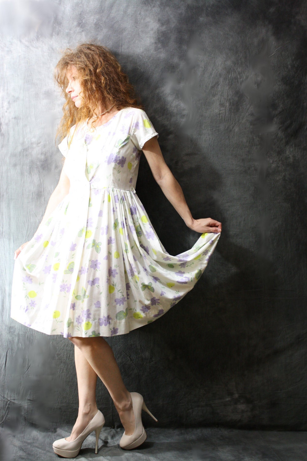 Vintage 1950s 1960s So Sweet Summer Day Dress Butterfly and Flower Print Circle Skirt Size M