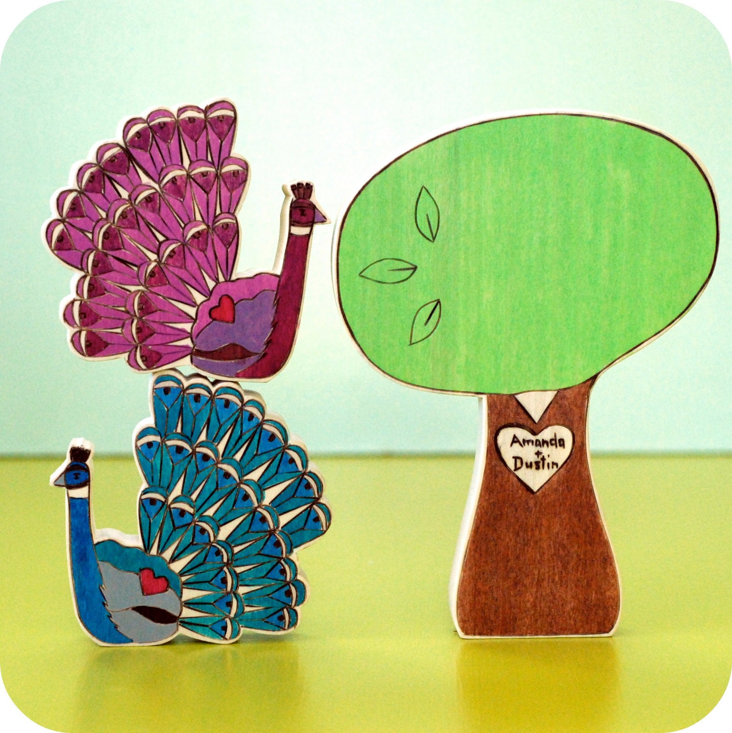 Wedding Cake Topper Love Peacock Pair and Large Sweet Heart Tree
