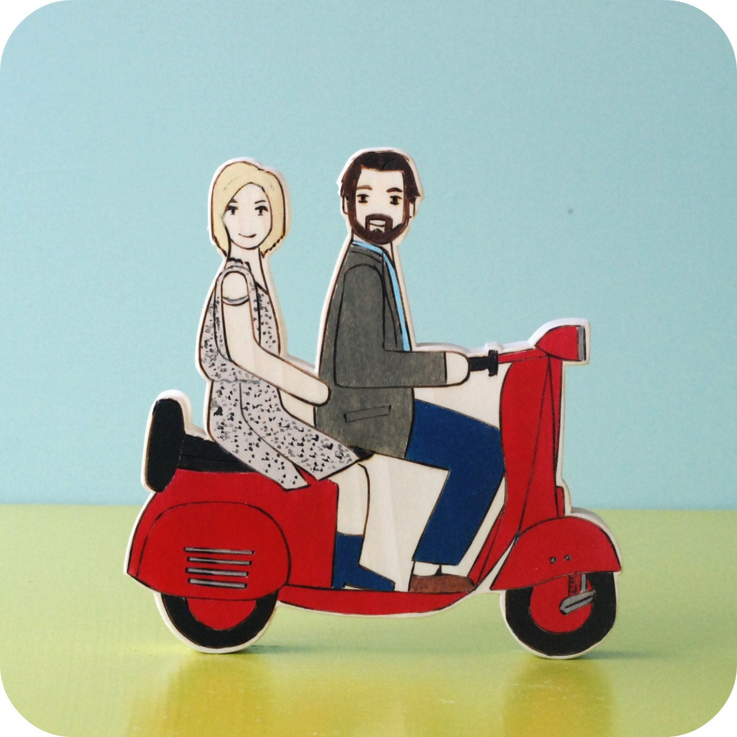 Custom Wedding Cake Topper Couple on Vespa  with Two Pets