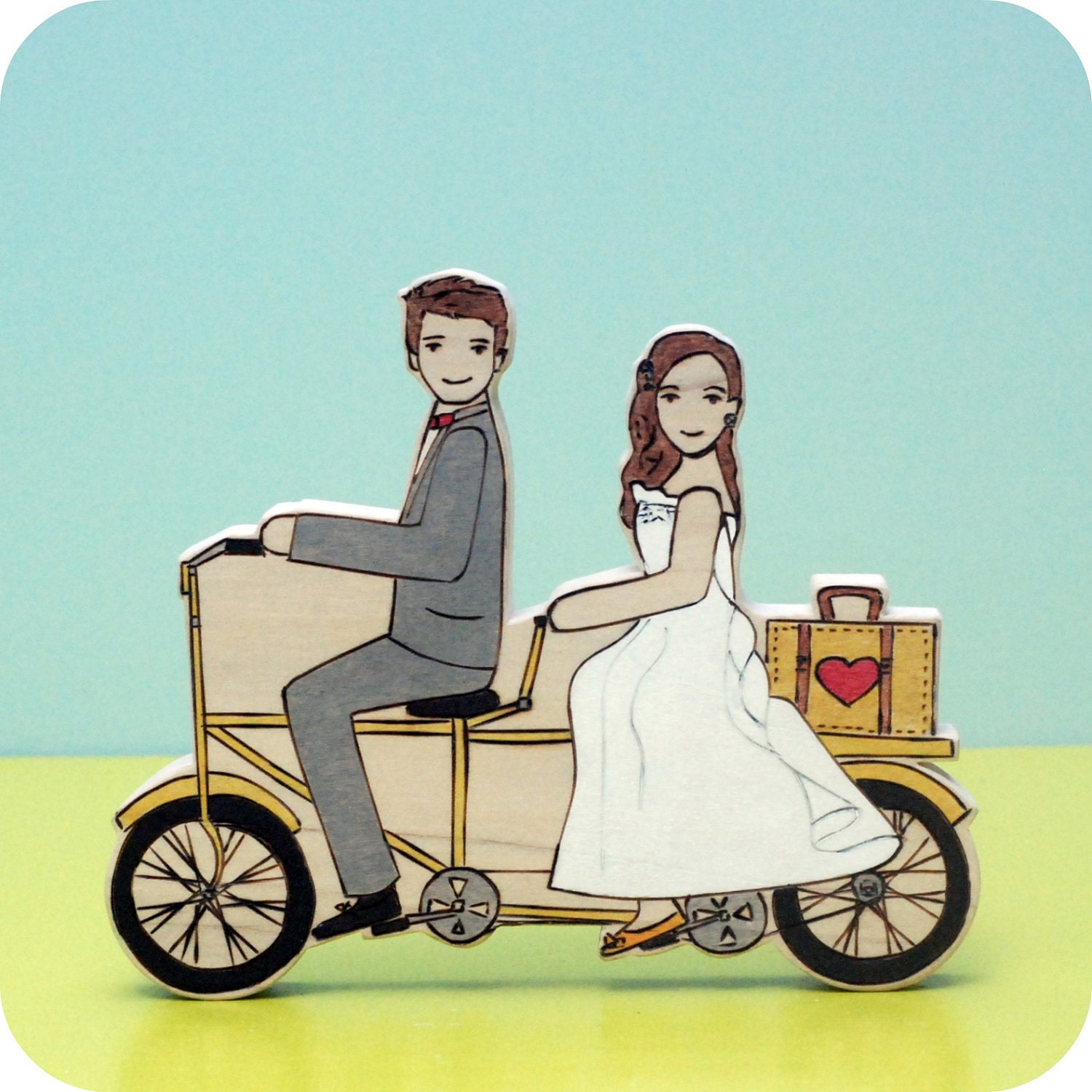 Custom Wedding Cake Topper Couple on a Double Bike with Suitecase