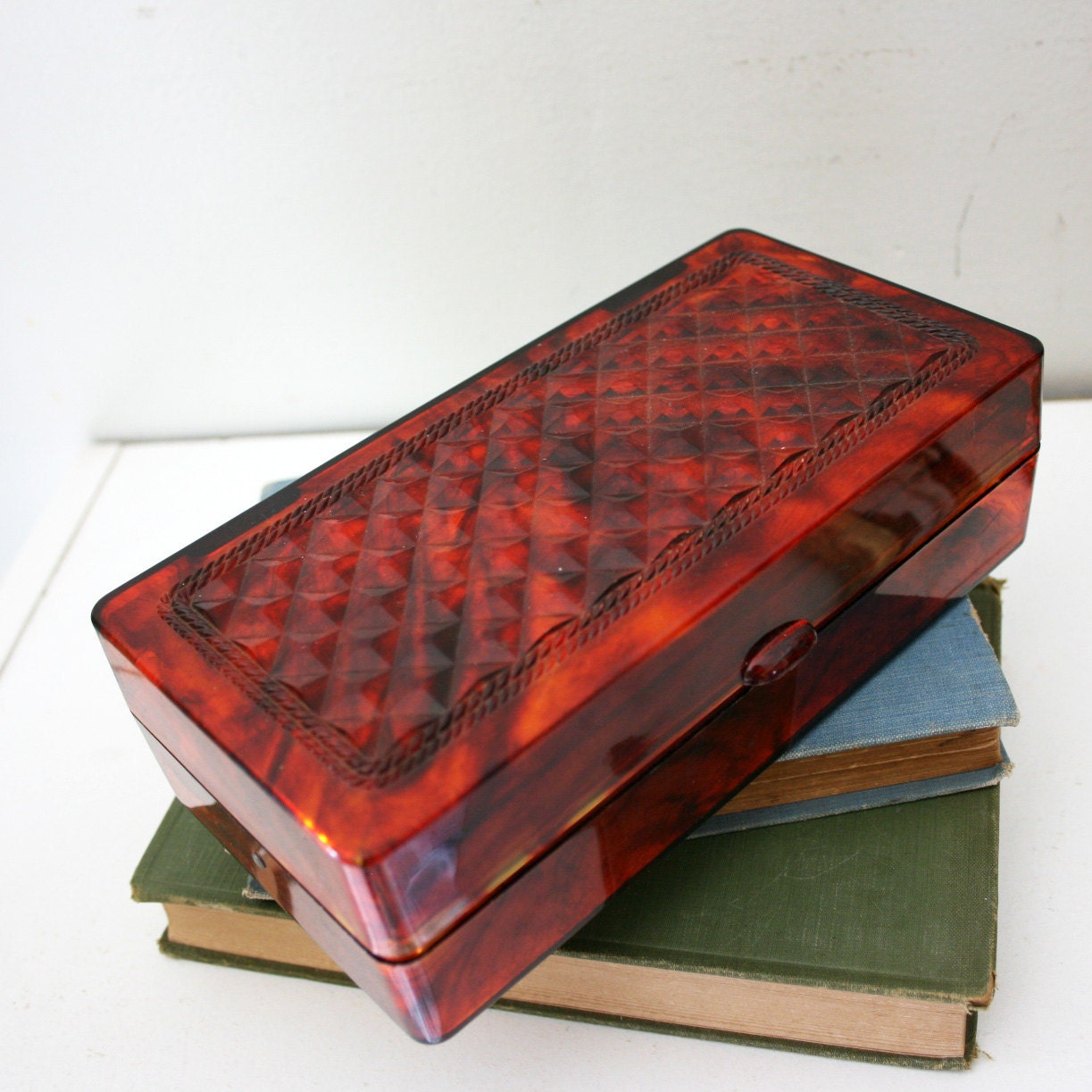 vintage 60s Commonwealth Plastics Tortoise Shell Patterned Lid Jewelry Box