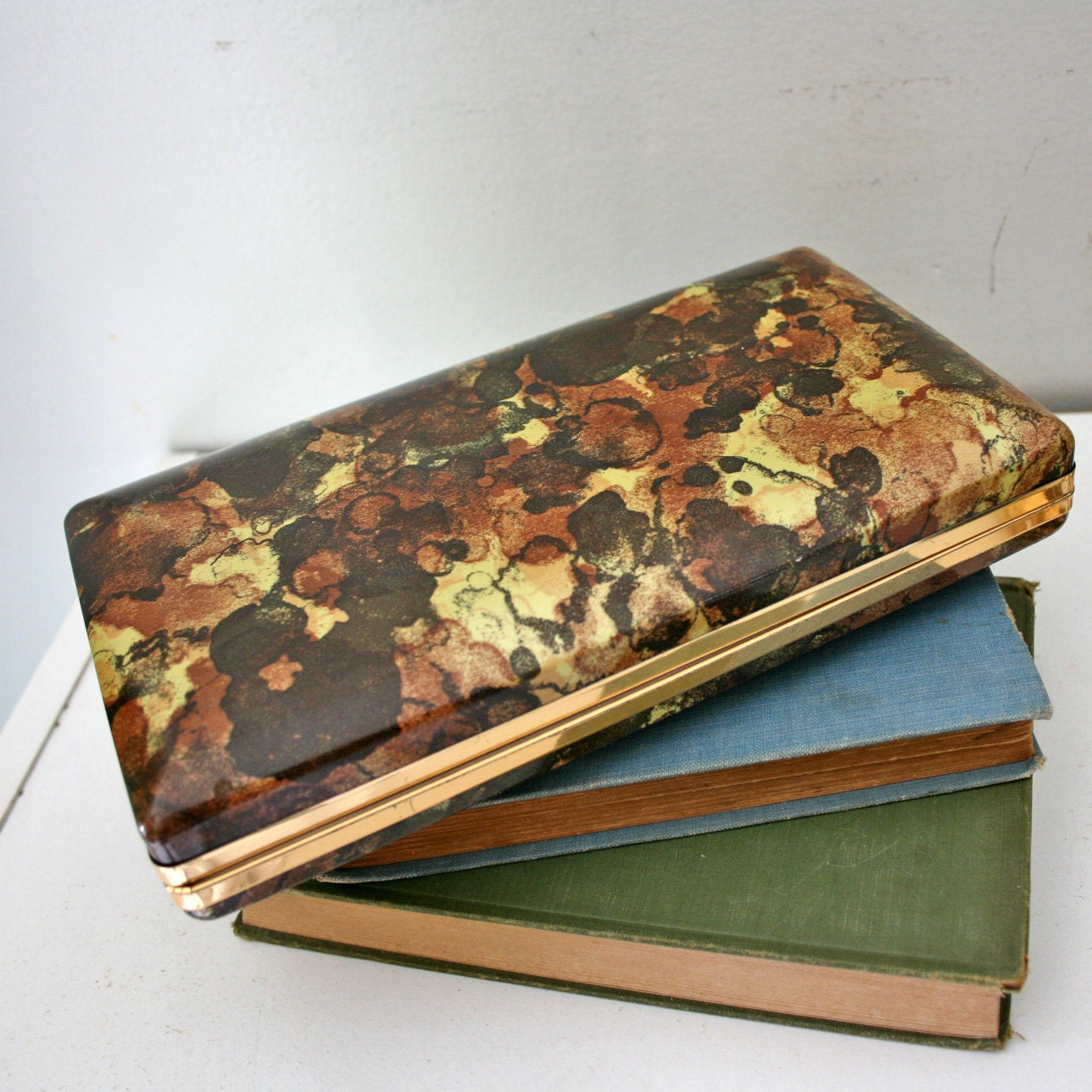 vintage 60s Mele Chocolate Brown Pebble Print Earring Jewelry Box