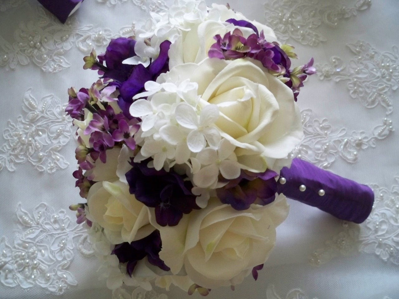Silk Flower Bridal Bouquet with Realtouch Roses and Purple Silk Anemone