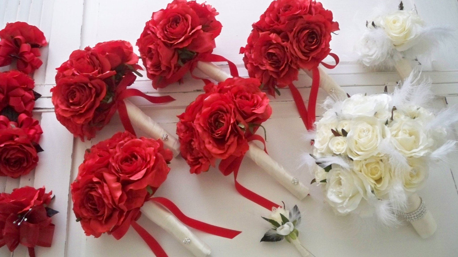 15 Piece Package Wedding Destination Red and Cream/White Silk Rose Bridal Bouquet Set