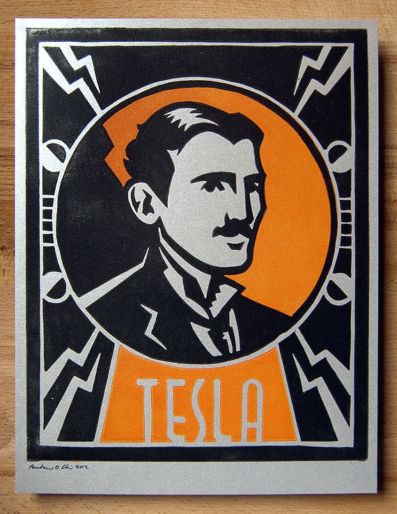 Art Deco Portrait of Inventor NIKOLA TESLA - Lino Block Print
