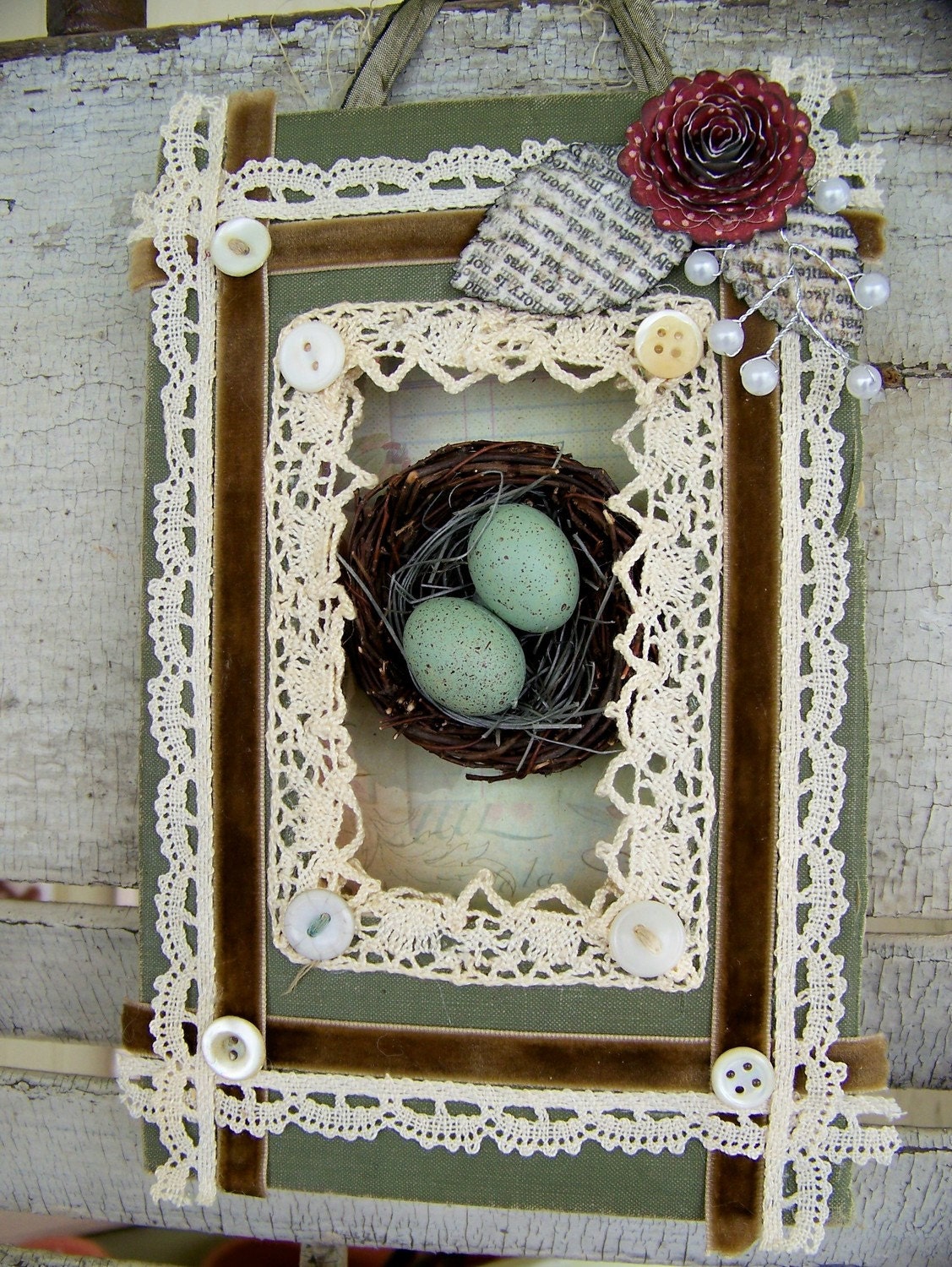 Vintage Shadowbox Hanging Book and Bird's Nest