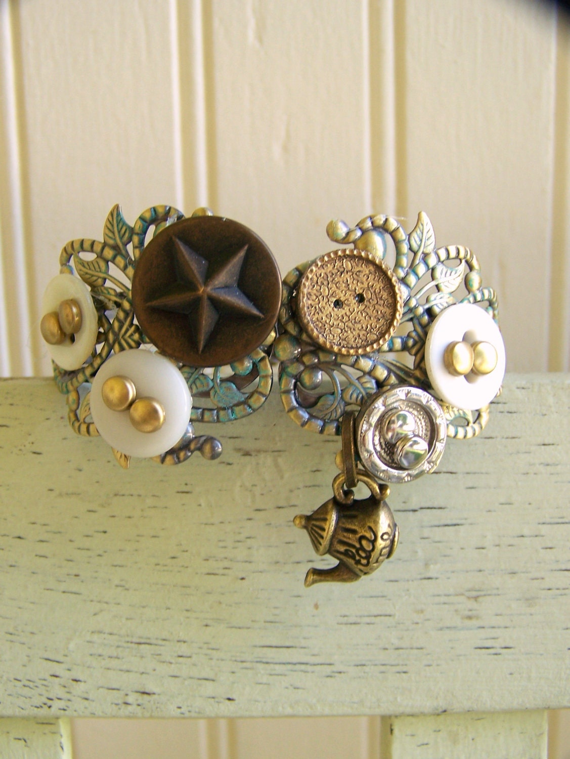 Vintage Altered  Button Bracelet Filigree Bracelet Vintage Ornate Charm Bracelet Cuff Bracelet
