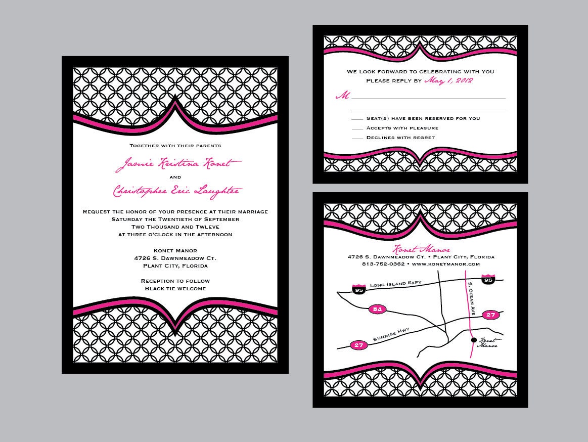 Modern - Contemporary Circle Pattern Layered Wedding Invitation Set with matching address labels and envelopes