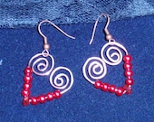 Beaded Heart Dangle Earrings Hammered Reclaimed Copper Faux Red Pearls and Dyed Red Quartz
