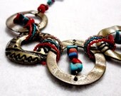 Turquoise and Red Coral Chips on Bronze Circles Chunky Bracelet Reclaimed Recycled RePurposed