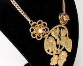 Charm Necklace Golden Garden Vintage Brooch and Earring Flower and Leaf Reclaimed Bib Statement Necklace