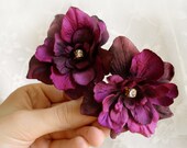 eggplant flower hair pins, purple flower bobby pins, bridal hair accessories - HIGHLANDS - hair clips, rhinestones
