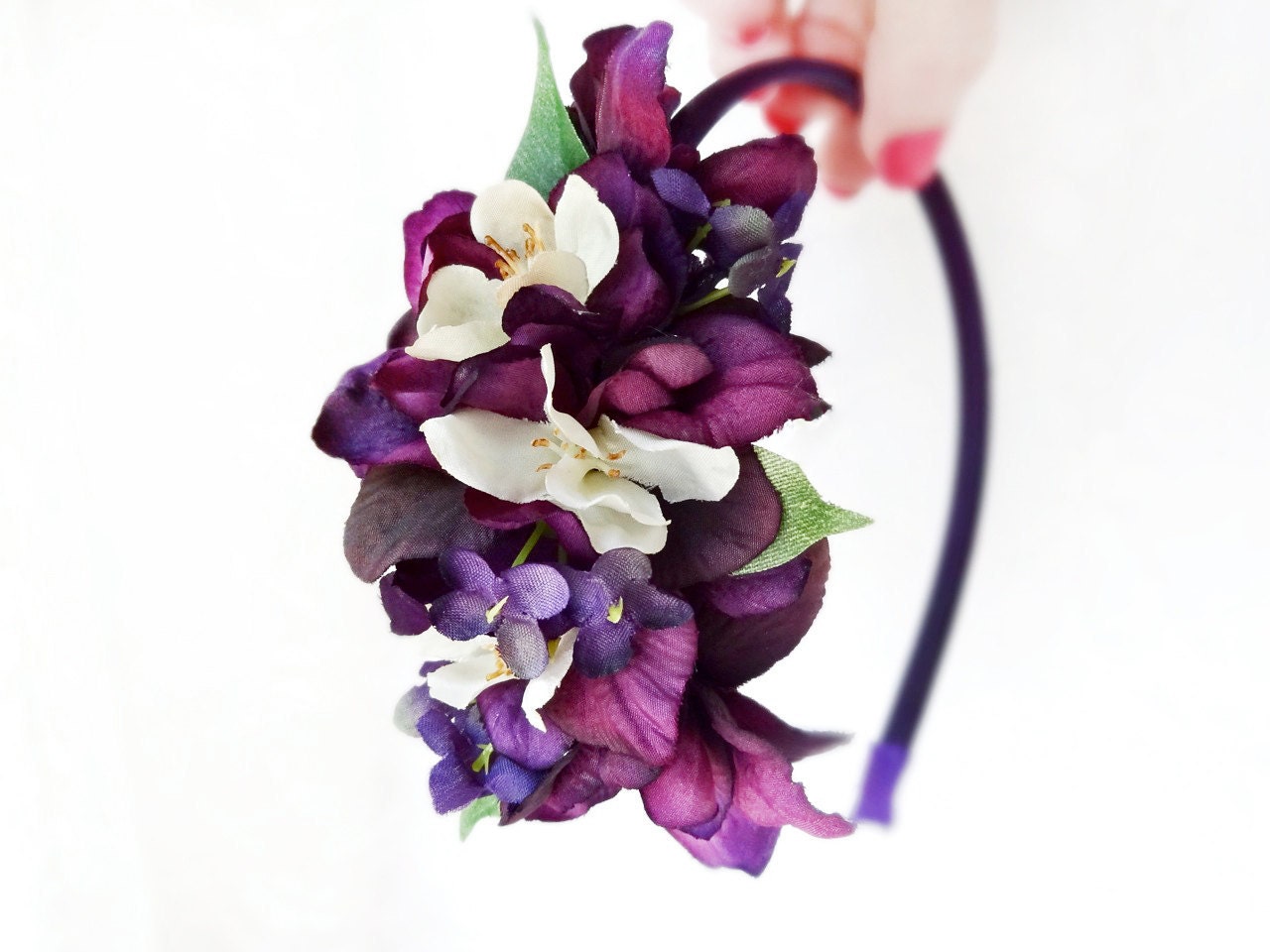 eggplant flower headband - SERAPHINE - bridal flower headpiece, bridesmaid, flower girl