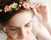floral hair wreath circlet - MON PETIT - bridal pink green flowers