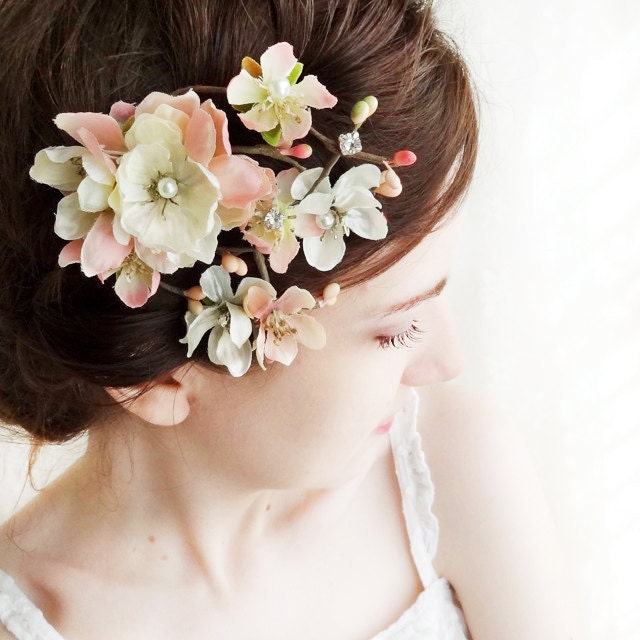 pastel pink / ivory flower hair accessory - DARCY - pearl, rhinestone bridal hair clip