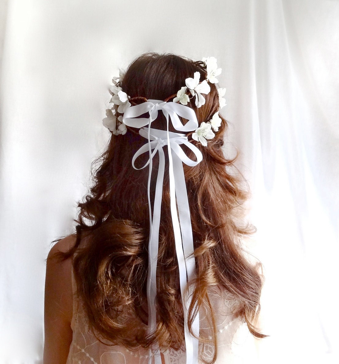 white cherry blossom flower wreath - SHEPHERDESS - ribbon bows, bridal, flower girl