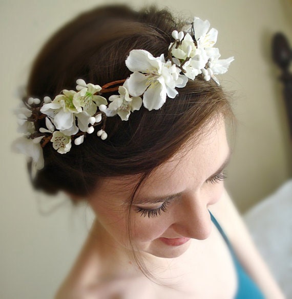 white flower wedding hair wreath, flower girl - SAKURA BRANCH - white cherry blossom head piece