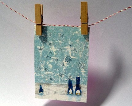 ACEO Print - Polar teal aqua blue penguin animal winter cool wall kids art children