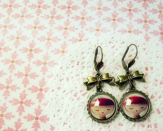 Pink Romantic Earring Glass Dome Cabochon Jewelry - Victorian Art dolls romantic carmine garnet pink rose girl cameo