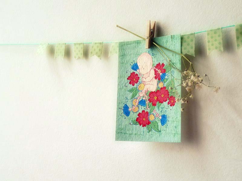 Nursery decor - ACEO Print - Celebration Life baby born baby shower teal mint red flowers spring