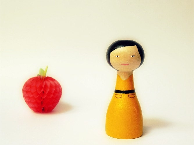 FREE SHIPPING Custom Art Doll - OOAK - Personalized - Wooden art doll hand painted yellow dress red apple Asian girl black hair black bow