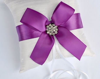 White and Purple Silk Ring Bearer Pillow with Rhinestone Embellishment
