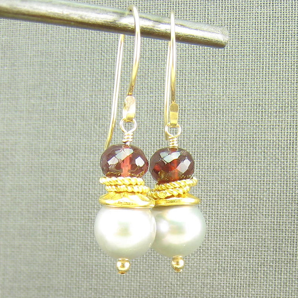 Sweet Silver Pearl Garnet and Gold Fill Earrings - (515)