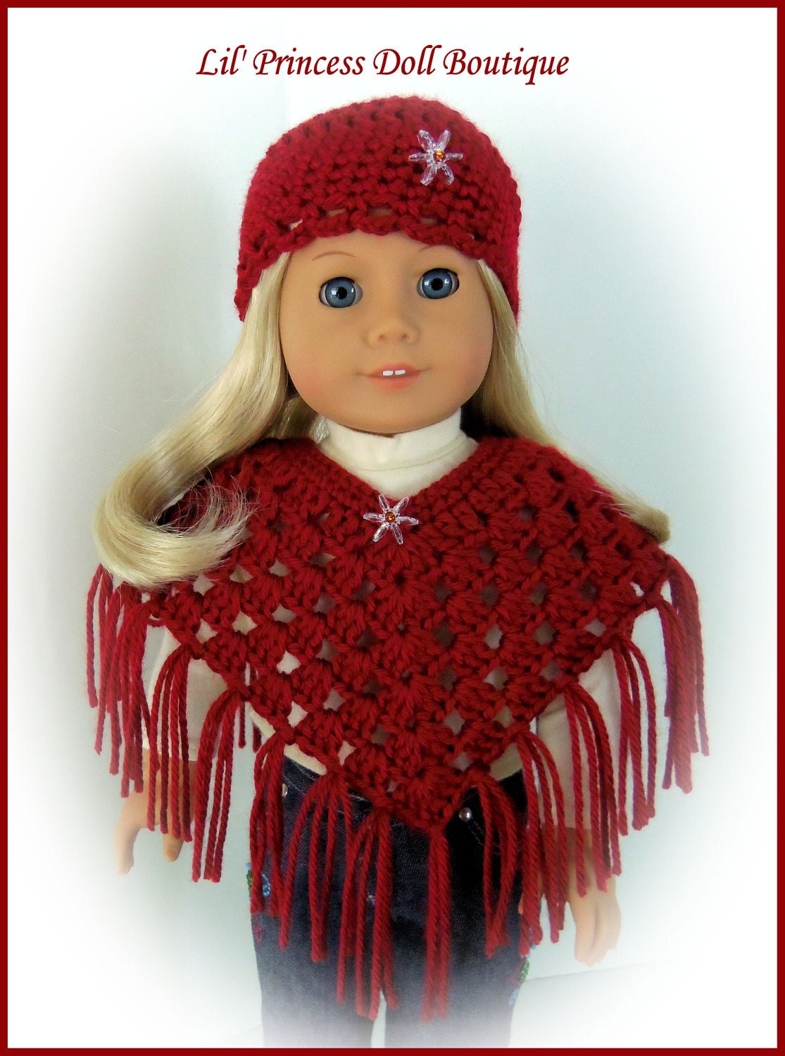 Fits American Girl Doll, Poncho Set, Autumn Red, Crochet, 18 Inch Handmade Doll Clothes