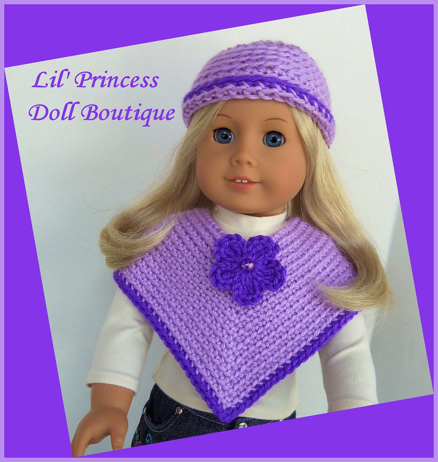 Made For American Girl Dolls, Spring Poncho and Hat Set, Lavender, Crochet 18 Inch Doll Clothes
