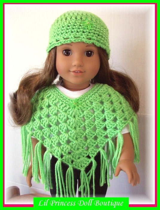 Fits American Girl Doll, 2 Pc Poncho and Hat Set, Crochet 18 Inch Doll Clothes, Lime