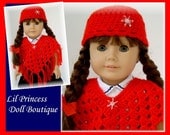 Crochet Red 2 Pc Poncho and Hat Set Fits American Girl Dolls, 18 Inch, Handmade