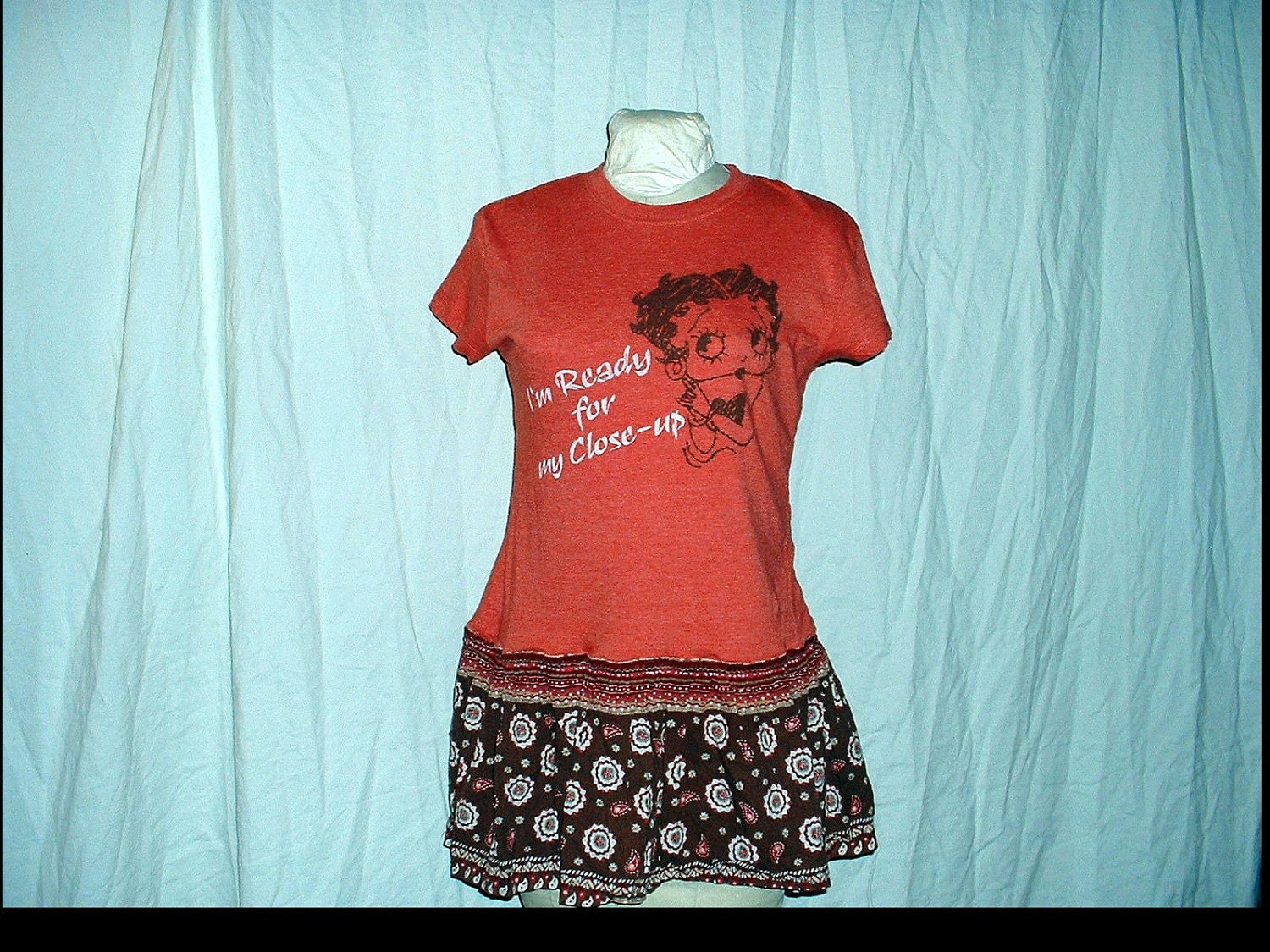 Betty Boop Minidress Tunic //  Upcycled Bohemian Top with Paisley Trim// Orange Brown Graphic plus Text Words