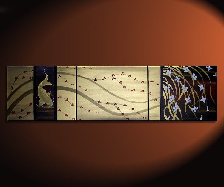 Large Gold and Black Painting Koi Fish, Orchids and Cherry Blossoms Chinese Zen Style Asian Fusion Original Art Custom 60x16